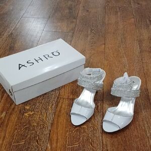 Ashro Silver and White Women's Rhinestone Strappy Heeled Sandals